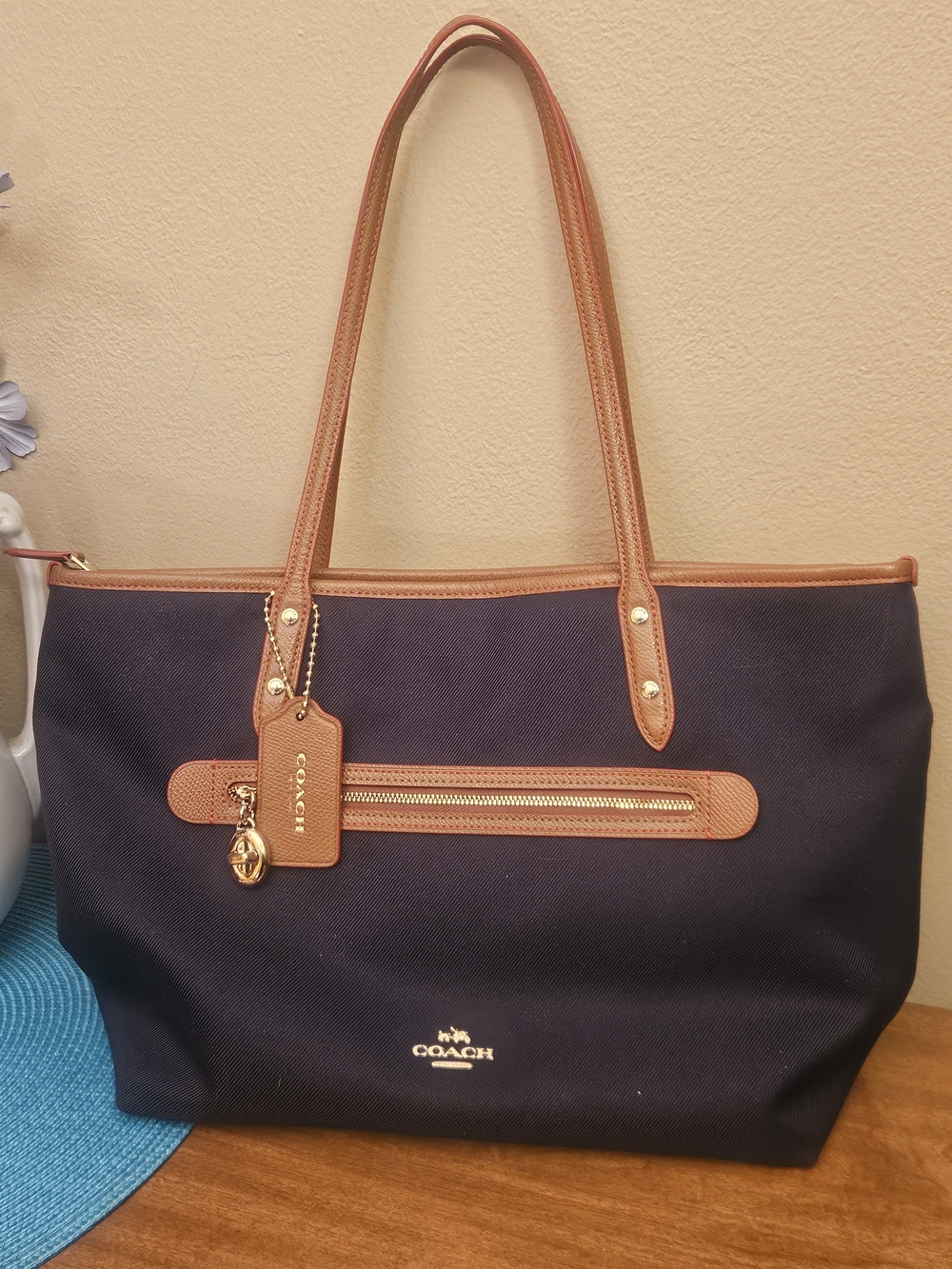 Coach Navy & Tan Canvas Tote Bag
